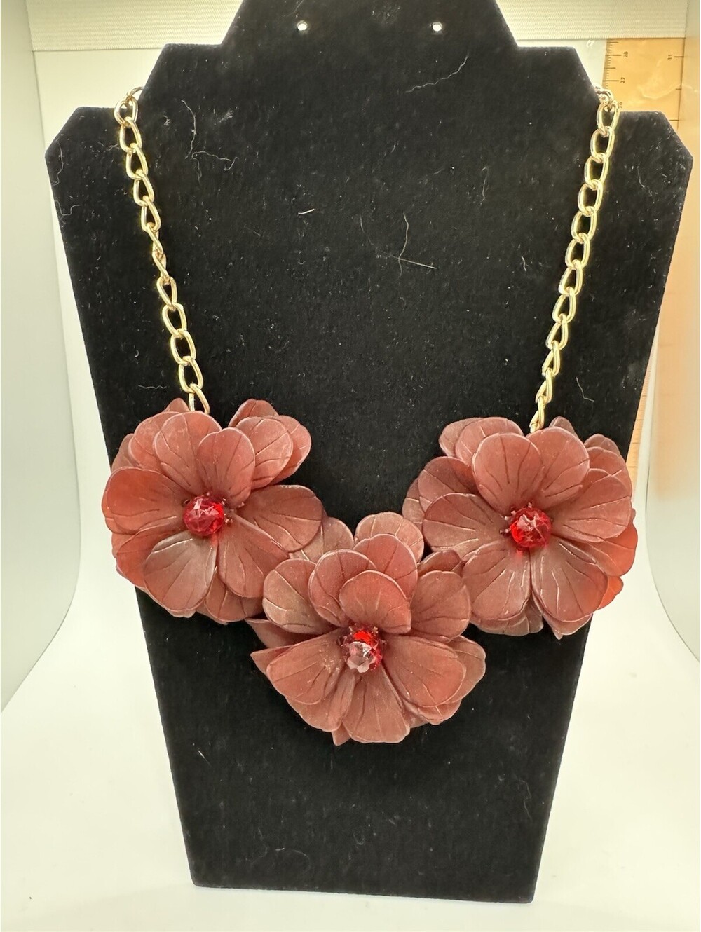 Burgundy Floral Statement Bib Necklace Gold Tone 3D Resin Flower 18 Inch